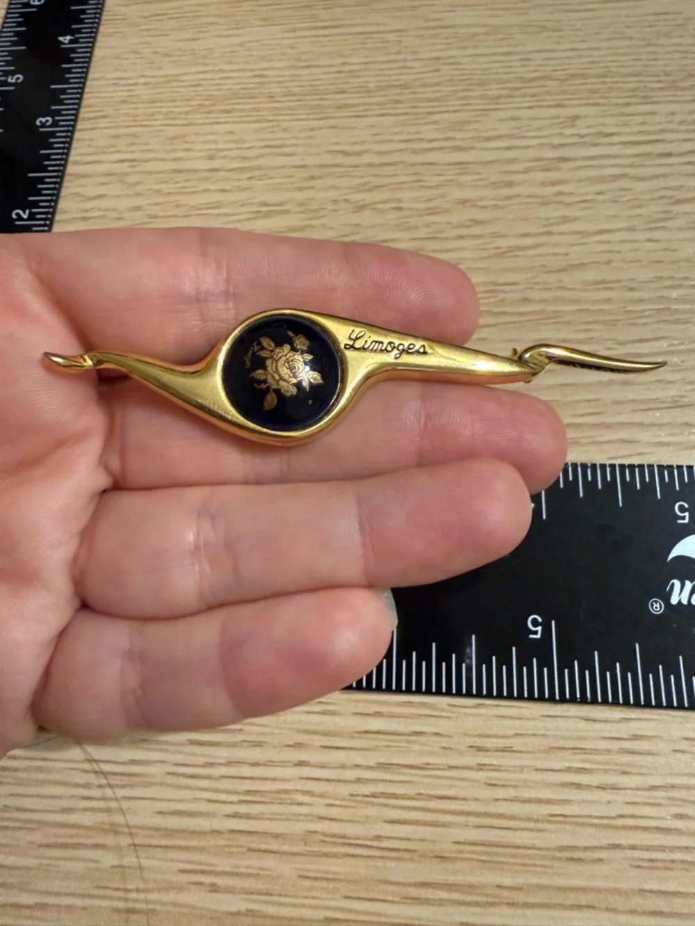 Vintage Limoges Castel France Gold Cobalt Blue Porcelain Brooch Pin 22k‎ Gold